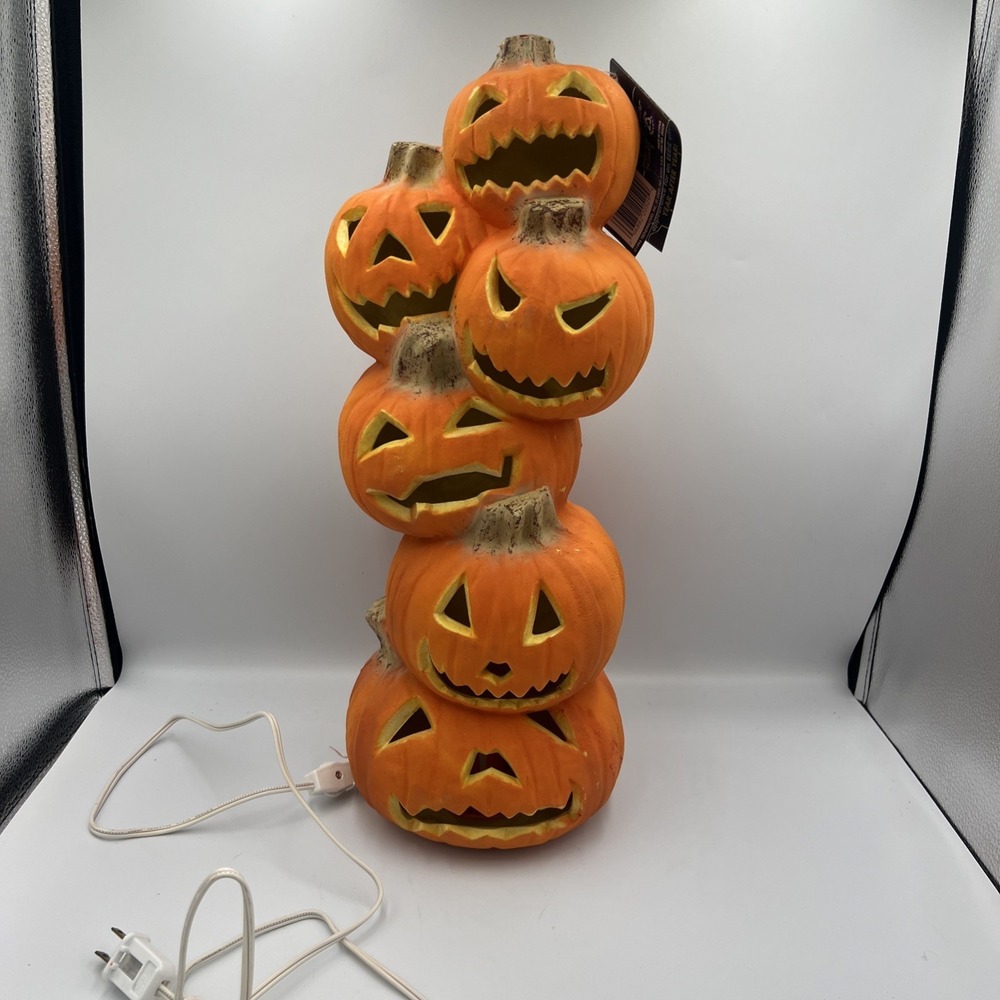 Vtg 90s TRENDMASTERS 18" Lighted Pumpkin Totem Pole Stacked Halloween Foam Mold